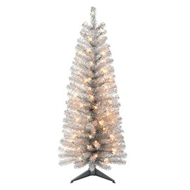 4.5 ft Pre-lit Silver Tinsel Tree, 160 Tips, 70 UL Clear Incandescent Lights
