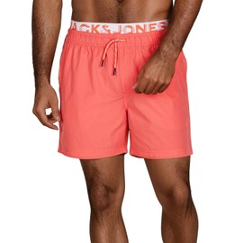 JACK & JONES Maui JJSWIM Men's Long Swimming Shorts Double Waistband Shorts Black Blue Coral S M L XL XXL 3XL, Hot Coral (12281192), L