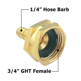Hooshing 1/4" Barb x 3/4" GHT Female Garden Hose Adapter Swivel Fittings Solid Brass Hose Connectors with Clamps, 2 Pack