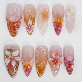 24Pcs Handmade Press on Nails Medium French Tip Fake Nails Almond Shaped 3D Flower Hibiscus with Gold Beads Glitter Design Glue on Nails Spring Summer False Nails for Women Girls Acrylic Manicure