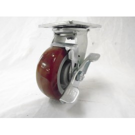 5"x2" Swivel Caster with Brake Burgundy Polyurethane Wheel, 600 lbs (1)