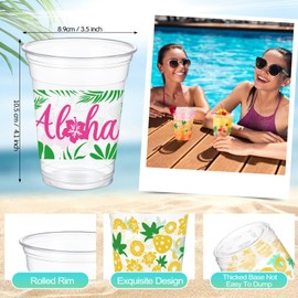 Qinyoung 100 Pcs Hawaiian Luau Cups 12 oz Tiki Tropical Plastic Disposable Cups Palm Leaves Flamingo Hibiscus Drinkware for Summer Hawaiian Luau Pool Flamingo Birthday Party Supplies