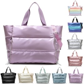 YouNuo Tote Bag for Women, Lightweight Large Quilted Puffer Tote Bag with Zipper, Gym Bag Laptop Shoulder Handbag with Adjustable Crossbody Strap for Work/Beach/Travel/Gym/Yoga Mat, Purple