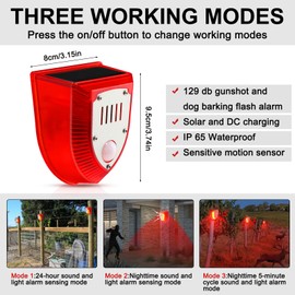 Qualirey 4 Pcs Solar Alarm Motion Detector with Sound Outdoor Motion Sensor 129db Barking Dog Strobe Light Gunshot Sound Alarm Detector Noise Maker Warning Lamp for Home Villa Yard Farm