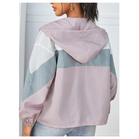 Floerns Women's Color Block Hooded Casual Thin Windbreaker Jacket Light Pink Petite-L