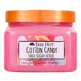 Tree Hut - Exfoliante de algodón con azúcar de karité de 18 onzas. Formulado con azúcar real, manteca de karité certificada y extracto de fresa. Exfoliante corporal que deja la piel suave y suave (algodón dulce)
