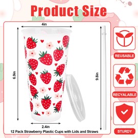 JarThenaAMCS 12Pcs Strawberry Plastic Cups with Straw Lid Strawberry Flower Heart Tumbler Red Pink Cold Cups for Beverage Drinks Home Office Party Decoration