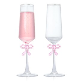 MAKERSLAND Champagne Glasses Set of 2, 8oz Elegant Crystal Stemmed Champagne Flutes with Pink Bow for Prosecco, Sparkling Wine, Mimosas, Cocktails, Weddings, Anniversaries, Parties