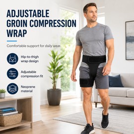 Adjustable Neoprene Groin and Thigh Compression Wrap, Hip Support Brace, Black, Left or Right Fit