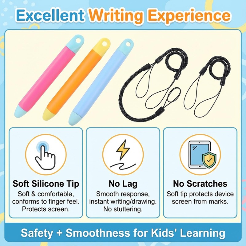 Qianyu 3 Pack Kid-Friendly Stylus Pen with Tether Anti-Rolling Tablet