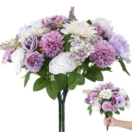 Hoteam 2 Bundles Artificial Flowers Combo Silk Mix Purple Fake Flowers with Stems Roses Chrysanthemum Dahlia Greenery Combo Set for DIY Wedding Bouquets Baby Shower Table Centerpieces Home Decor