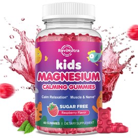 Gomitas de magnesio para niños, gomitas de glicinato de magnesio para niños y adultos con L-teanina, manzanilla, regaliz, vitamina D, B6 para dormir, relajación, cerebro y músculo, frambuesa sin
