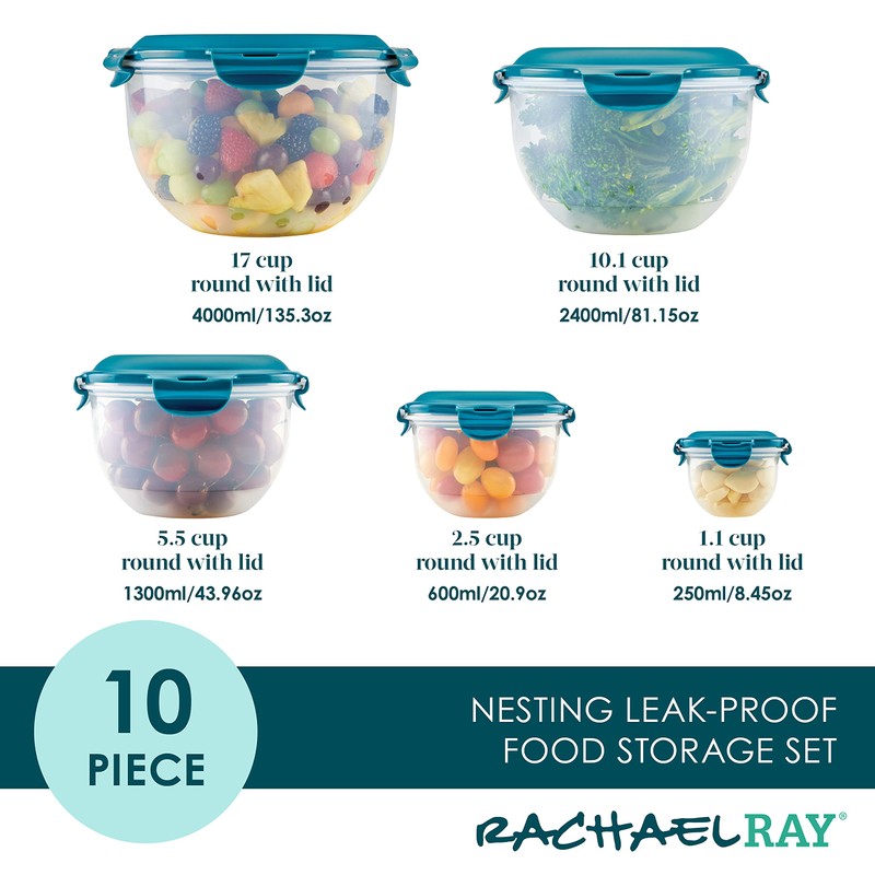 Rachael Ray Leak-Proof Nestable Container Food Storage Bin Set, 10-Piece,