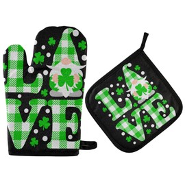 Aflyko St.Patrick's Day Love Gnome Shamrock Buffalo Oven Mitt Pot Holder Festive Gift Set Heat Resistant Cooking Glove Kitchen Potholder for Grilling BBQ Bake Spring Green Lucky Irish Present
