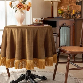 F-CHU Camel 60 Inch RoundTablecloth Thickset Velvet Tablecloth with Beautiful Gold Tassels Vintage Table Cloth for Home Decor Wedding, Party, Banquet and Events 60" Round