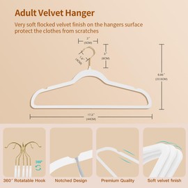 Stormix 52 Pack Velvet Hangers, 17.3 x 8.9 Inches Clothes Hangers, Non Slip Dresses Hangers with Shoulder Notches for Adult White - Gold Hook