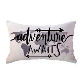 Grey World Map Adventure Lumbar Throw Pillow Cover Adventure Awaits Arrow Decor Cabin/Camper Geography Theme Decorative Rectangular/Waist Pillowcases 12 x 20 Inch for Sofa/Couch/Porch(12"×20", Grey)