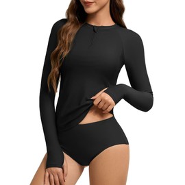 Women's Rash Guard Swim Top Long Sleeve Bathing Suits Modest Athletic Surf Swimwear, Black S