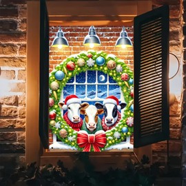 BlissYard Christmas Window Cover Farmhouse Cow Banner 31x47 Inch Rustic Holiday Window Hanging Background Indoor Outdoor Farmhouse Decor Seasonal Party Backdrop Home Wall Display