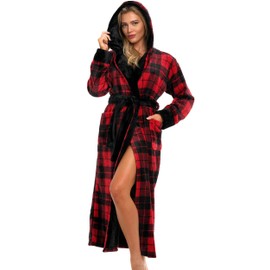 Alexander Del Rossa Women's Robes, Long Plush Bathrobe, Womens Robe with Hood, Hooded Robes for Women Plus Size Robe Red Black Plaid XS (A0116Q42XS)