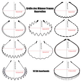 Pack of 10 Men's Metal Headbands, Thin Zigzag Headband, Black Hair Band, Women and Men, Hair Clip, Elastic Headbands, Unisex Wave Hair Bands for Daily Make-Up, Sports, Fitness, Yoga