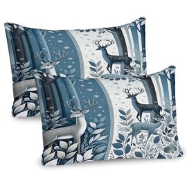 Ambesonne Christmas Pillow Sham Set of 2, Winter Themed Nordic Ethnic Style Trees Leaves and Deer on Stripes, Quality Microfiber Bedding Item for All Seasons, 30" x 20", Slate Blue and Dark Grey