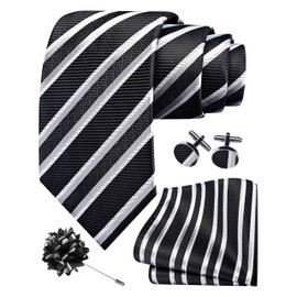 GUSLESON Black Grey Silver Tie for Wedding Mens Silk Striped Necktie Pocket Square Cufflinks and Lapel Pin Brooch Set (6108-49)