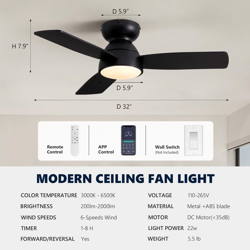 MOOONICHE 32" Ceiling Fan with Light and Remote, Small Quiet