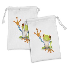 Lunarable Cartoon Fabric Pouch Set of 2, Little Tree Frog Vivid Graphic Friendly Wildlife Mascot Funny Character Print, Small Drawstring Bag for Toiletries Masks and Favors, 9" x 6", Multicolor