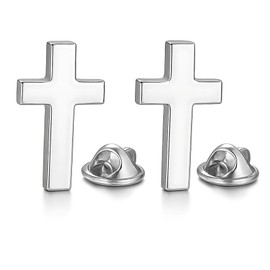 Set of Two Silver Christian Cross Lapel Pins | Laser Engraved on Back | 3D Catholic Lapel Pin | Catholic Lapel Pin | Brooch for Men and Women Unique Zinc, Zinc, None