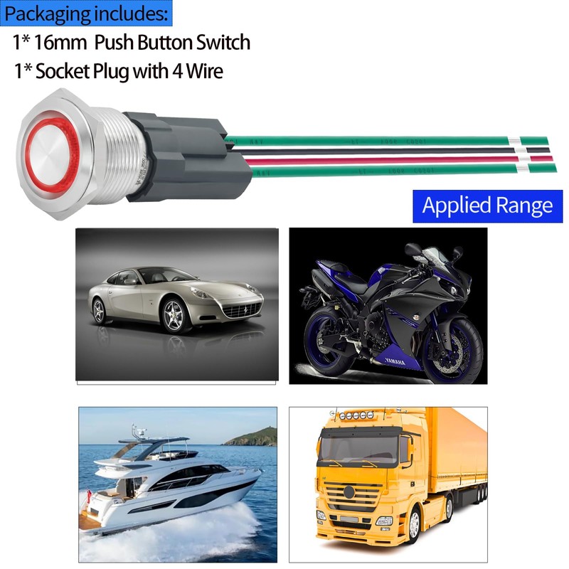 UL Listed 15Amp Latching Push Button Switch 16mm Waterproof IP67