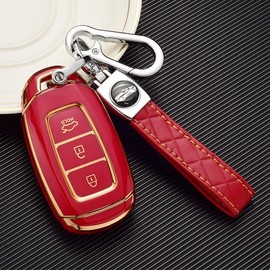ontto Car Key fob Cover Fit for Hyundai i30 Ix35 Kona Encino Solaris Azera Grandeur Ig Accent Santa Fe 2018 2019 3 Buttons Soft TPU Smart Key case Key Shell Key Holder Keychain Accessories Red