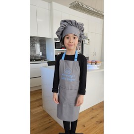 Littlebit & Vix Kids Boy or Girl Apron – Kids Apron and Chef Hat Gift Set for Cooking Baking – Little Chef Apron - Kids Chef Aprons – Kids Cooking Apron - Cute Child Apron Gray Blue