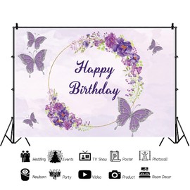 Ttincceer Happy Birthday Background Silver Purple Butterfly Wreath Photography Background Baby Shower Birthday Party Banner Lilac Background Photo Studio Booth Prop 220 x 150 cm