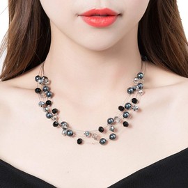 BULINLIN Crystal Layered Statement Necklace for Women, Shell Choker Necklace with Chunky Silver Metal Fashion Jewelry Gifts for Her (Black)