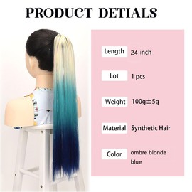 Coloured Hair Extensions 22" - Heat-Resistant Synthetic Rainbow Ponytail for Crazy Hair Day & DIY Box Braids (white Lake Blue Blue, 24inch color ponytail)