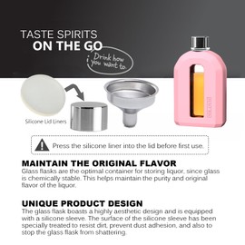 Delove Modern Glass Hip Flask with Silicone Sleeve- Small Portable Travel Liquor Flask- Clear Pocket Drinking Alcohol Flask for Women- Wedding Party, Bridesmaid, Gift- 7.5oz/220ml,Pink