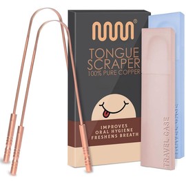 Tongue Scraper with Multicolor Cases (2 Pack), 100% Stainless Steel, Reduce Bad Breath, Easy to Use Tongue Scraper for Adults, Tongue Cleaner for Oral Care & Hygiene - Design: Copper Set of 2 (with Travel Case)