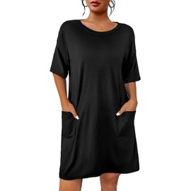 Ekouaer Sleep Shirts for Women Nightgown Short Sleeves T Shirt Night Dress Round Neck Womans Nightgown with Pocket Black M