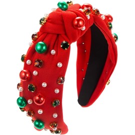 Christmas Headbands for Women Adults Girls Red Headband with Jeweled Pearl Sparkly Headbands (Red, One size)