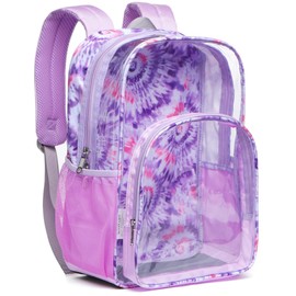 BLUEFAIRY Clear Backpack for School Stadium Approved Large PVC See Through Bag Heavy Duty Bookbag Transparent Plastic Bag for Kids Students Work Events 17" Spiral Purple