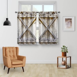 Aimego Farmhouse Country Wood Kitchen Curtains - Wooden Barn Door Vintage Short Tier Curtains Over Sink Natural Rustic Farm Decor Rod Pocket Window Drapes 45 Inch Length 2 Panel Set, 28"x45"