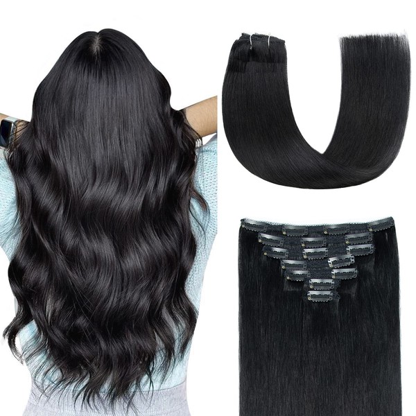 AGMITY Clip in Hair Extensions 100% Real Human Hair Jet Black 18 inches 7Pcs 120g Seamless Double Weft Straight Remy Hair Extensions Clip in Human Hair Thick(18 inches #1 Jet Black)
