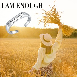 HUAIYU I Am Enough Inspirational Ring - S925 Sterling Silver Adjustable Inspirational I Am Enough Rings for Men Women, Tiny White Gold I Am Enough Encouragement Quote Ring Jewelry