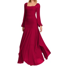 URYIAO Women's Formal Long Sleeve Maxi Dress Asymmetrical Hem Square Neck Mesh Wedding Guest Cocktail Dresses S Wine