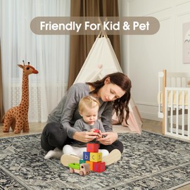 Area Rug 9x12 Living Room Rug, Soft Vintage Washable Rug with Anti-Skid Backing Stain Resistant Thin Indoor Carpet Large Area Rug for Bedroom Under Dining Room Table Nursery-Black