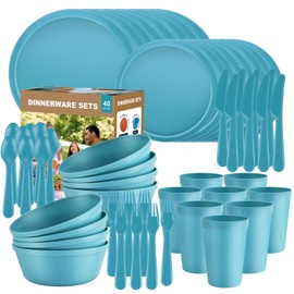 Plastic Dinnerware Sets – 40-Piece Blue Plates and Bowls Sets, Unbreakable, Reusable Dishes Set for 8 with Cups, Knives, Forks and Spoons, for Camping and Outdoor Use