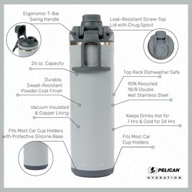 Pelican Pacific™ Chug 26oz Water Bottle – Recycled Stainless Steel, Vacuum Insulated for 24-hour Cold Drinks, Lid with Chug Spout, Ergonomic Handle, Fits Car Cup Holders, Ash