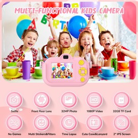 ENGUNS Kids Camera for Girls Age 3-12, 32MP HD Digital Camera for Kids, Dual Lens Selfie Toddler Camera, 1080P Video Camera for Toddlers, Girls Birthday Gifts Toys Child Kid Camera with 32GB SD Card
