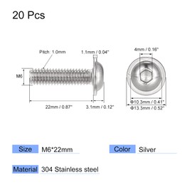 uxcell Flanged Button Head Socket Cap Screws, M6*22mm Hex Socket Drive Screw, 304 Stainless Steel Fasteners Bolts, Fully Threaded Machine Screw 20Pcs